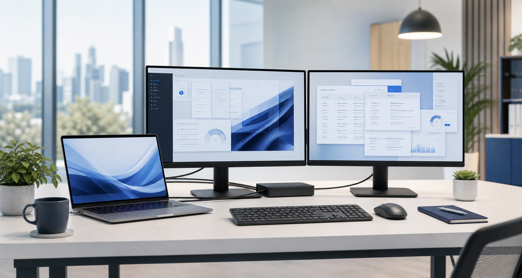 Modern workplace with a business laptop and dual monitors